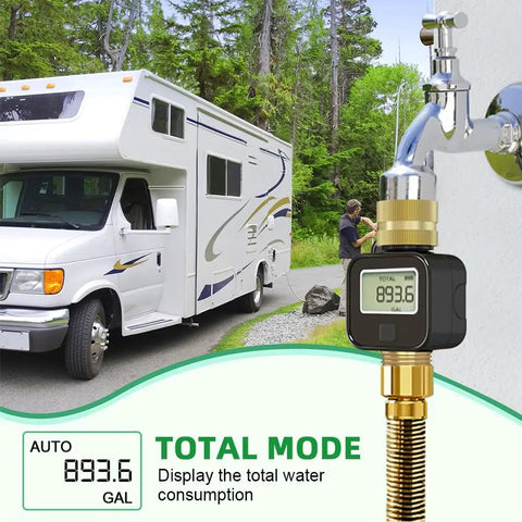 Solid Brass Flow Meter With Real Time Flow Rate Last Time Water Volume Gallons And Liters Average Daily Flow And Total Flow Built Tough For RV Tanks Garden Hoses Lawn Sprinklers And Nozzle Sprayers on RV water hookup