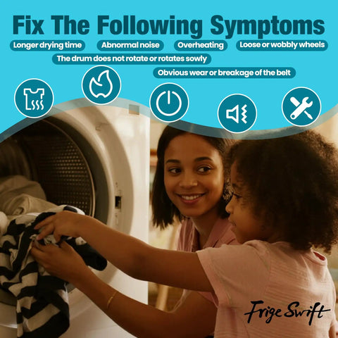 Woman and child using dryer with "Fix The Following Symptoms" text, promoting Complete Dryer Repair Kit With 341241 Belt, 691366 Idler Pulley