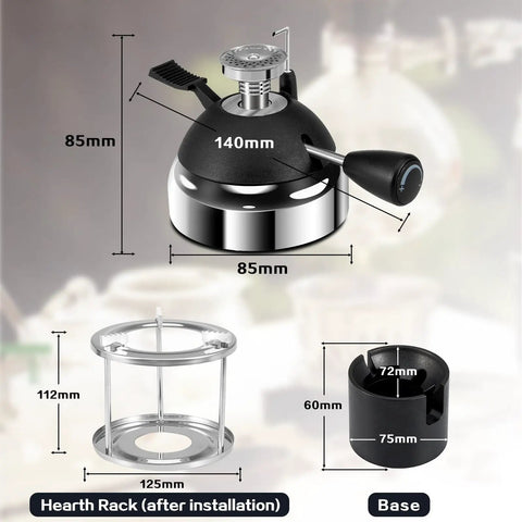 Dimensions of a Portable Butane Burner for Siphon Coffee Maker with Adjustable Flame and Furnace Stand shown with stand and base.