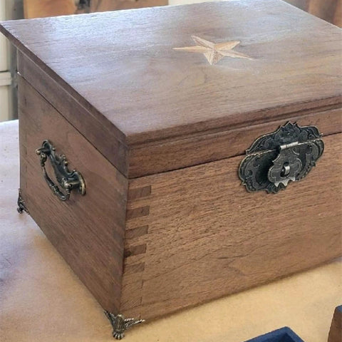 Wooden jewelry box featuring Two Pack Vintage Antique Bronze Drawer Pull Handles For Drawers Jewelry Boxes Cabinets And Furniture Hardware.
