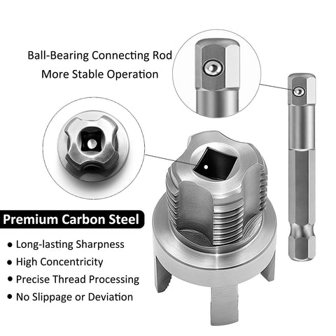 Three-Piece PVC Pipe Threader Kit With Internal And External Threading Heads For One-Half Inch, Three-Quarter Inch And One-Inch NPT, Electric Drill Compatible, Go-To Dual-Function Pipe Thread Cutter For Quick, Smooth Plumbing Jobs Saipe showing premium carbon steel threading head and ball-bearing connecting rod.