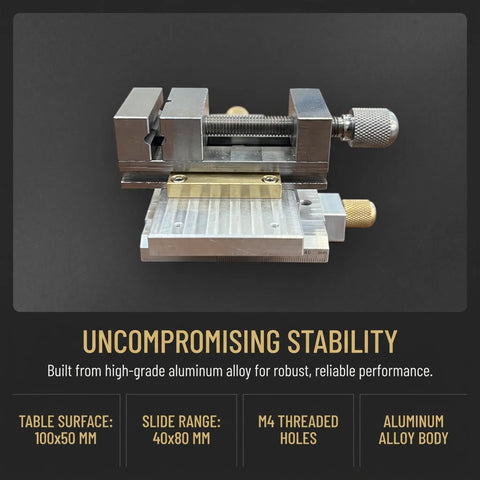 Rock Solid Precision Cross Slide Table With Heavy Duty Vice, showing manual clamping vice and aluminum alloy body.