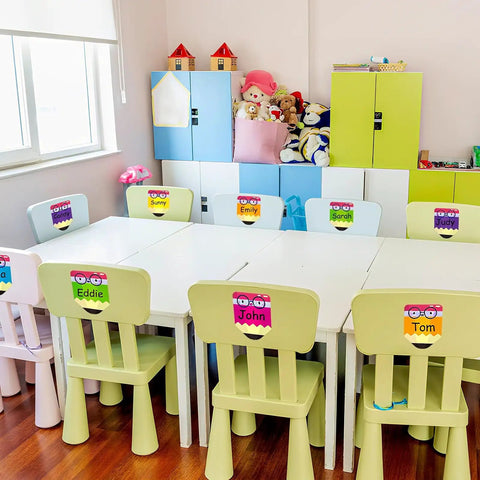 Colorful 36 Pack Pencil Desk Name Plates With Waterproof PET Film for classroom organization on student chairs in a classroom