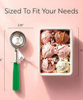 3.25 Ounce Trigger Release Portion Scoop With Green Handle Stainless Steel Disher next to ice cream dish with measurements