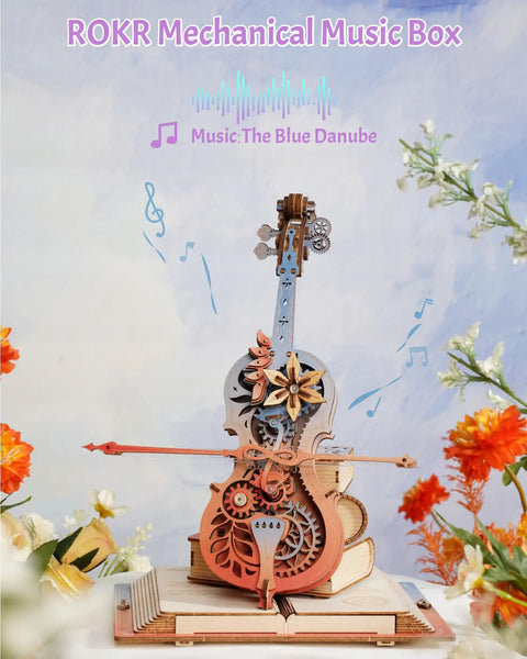 Dope 3D Wooden Cello Puzzle Model Kit With Mechanical Music Box And UV Gradient Finish For Adults, DIY Gift For Him Or Her, Gear Drive Cello Playing The Blue Danube standing front view