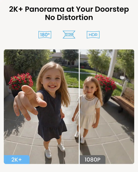 2K Outdoor Video Doorbell Camera With 5G And 2.4G WiFi, Wired Setup, 4 By 3 Wide View Angle showing 180-degree panorama of front porch with two children