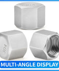 Multi-angle display of 304 Stainless Steel 1/4 Inch NPT Female Hex End Cap Pipe Fitting Thread Adapter Pack Of 12, corrosion resistant.