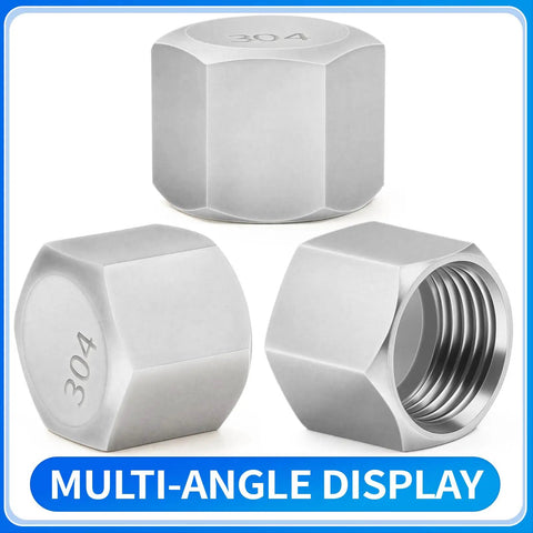 Multi-angle display of 304 Stainless Steel 1/4 Inch NPT Female Hex End Cap Pipe Fitting Thread Adapter Pack Of 12, corrosion resistant.
