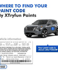 Image showing a gray SUV with highlighted paint code location, and a guide from XTryfun Paints on finding your vehicle's paint code.