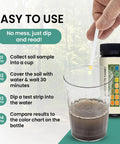 Soil PH Test Strips Kit 3 To 9 Range With 100 Quick And Easy Peasy Tests showing use instructions with a test strip in a sample cup