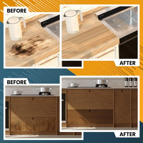Before and after using Wood Grain Repair Tape Self Adhesive Patch 4.7 Inch By 32 Feet Ideal For Tables Chairs Baseboards Doors Windows Floors And DIY Projects Easy Peel And Stick To Match Wood Finish on kitchen surfaces. Before showing visible burn mark, after showing smooth repaired wood finish.