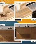 Wood Grain Repair Tape Self Adhesive Two Point Four Inch By 32 Ft For Tables Chairs Baseboards Doors Windows Floors Fix Up Scratches Cracks Makeover Your Furniture And Refurbish With Realistic Sequoia Red Bean Wood Look in use before and after on kitchen countertops and cabinets.