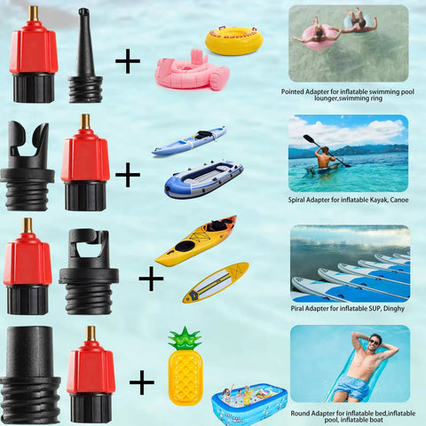 Inflatable SUP Pump Adaptor Pro Grade All In One Kit With 2 Adapters And 9 Nozzles For Paddle Boards Boats And Other Inflatables Fast Easy Inflation From Any Air Pump Or Inflator showing various nozzles and uses.