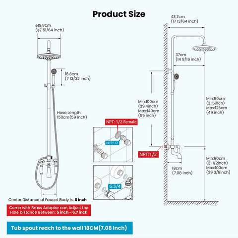 Diagram of Oil Rubbed Bronze Shower Faucet Set with 8-Inch Rainfall Head, dimensions and installation details shown.