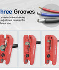 Round Cable Stripper For AWG 12 To Four Zero Pro Grade Beefy Adjustable Jacket Stripping Tool with red design and three grooves.
