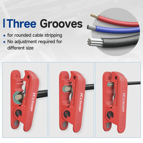 Round Cable Stripper For AWG 12 To Four Zero Pro Grade Beefy Adjustable Jacket Stripping Tool with red design and three grooves.