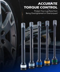 Torque Limiting Extension Bar And Deep Impact Socket Set For 1/2 Inch Drive with colored torque sticks displayed
