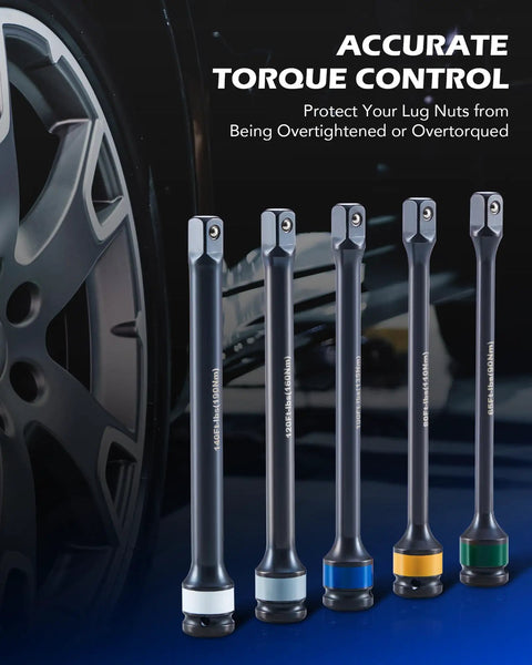 Torque Limiting Extension Bar And Deep Impact Socket Set For 1/2 Inch Drive with colored torque sticks displayed