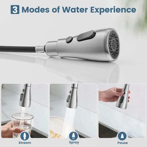 Hurran Kitchen Sink Faucet with Pull Down Sprayer, showing three modes: stream, spray, and pause, in brushed nickel finish.