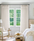 Pinch Pleated Linen Sheer Curtains 102 Inch Long, Two Panel Set in bedroom, with ring hooks and clips, natural light filtering