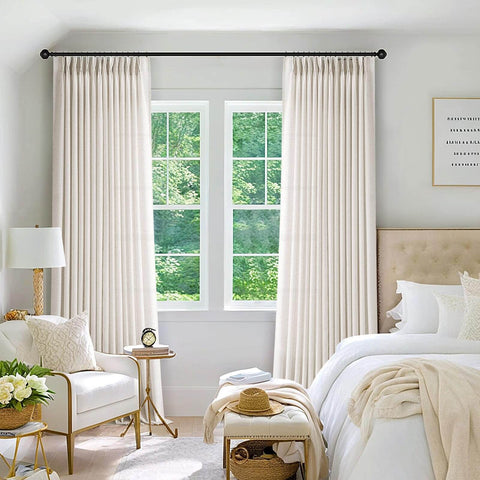 Pinch Pleated Linen Sheer Curtains 102 Inch Long, Two Panel Set in bedroom, with ring hooks and clips, natural light filtering