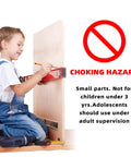 Child using a level tool beside a choking hazard warning for small parts not suitable for children under 3 years.