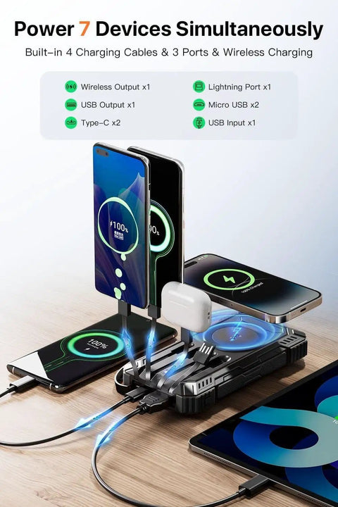 Power Bank 49800mAh Solar Portable Charger with Wireless Charging USB C 15W Fast Charge Four Built In Cables charging devices