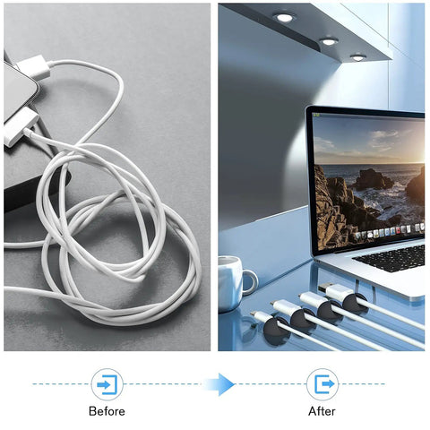 Before and after using 12 Pack Adhesive Cable Clips For Desk Home Office And Car Cord Management Wire Holder Clips thin cords organized