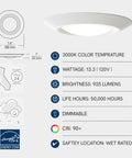 Canless Led Recessed Light Six Inch 3000K Warm White yields 925 lumens, features wet rating, and displays specifications on a clean background.
