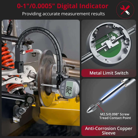 Pro Grade Digital Dial Indicator Gauge Kit with 0 to 1 Inch Range and 0.0005 Inch Resolution in use on automotive brake disc