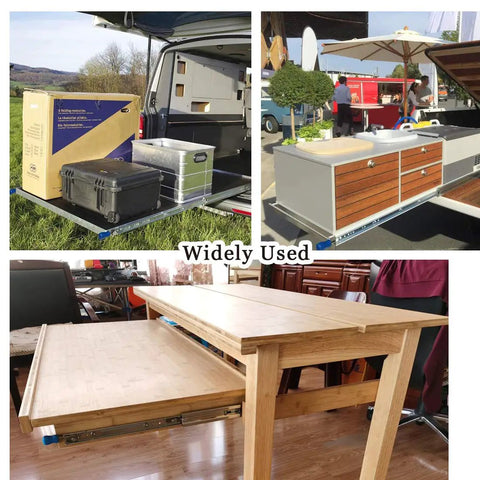 Heavy Duty Full Extension Ball Bearing Drawer Slides With Lock 52 Inch Steel Cabinet Runners Pair Detachable Rust Proof Finish in use in vehicles and furniture.