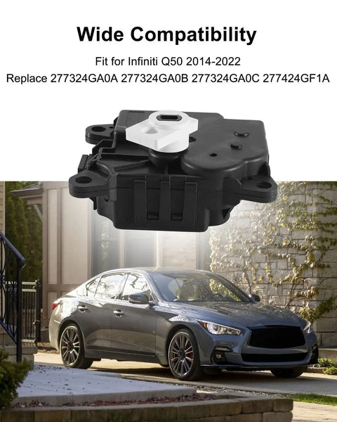 Top Shelf Heavy Duty Right Side Damper Actuator For Infiniti Q50 2014 Through 2022 Heater Blend Door Temperature Control Replacement Fits Genuine Oem 277324Ga0a in front of a grey Infiniti Q50.