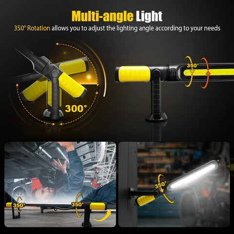 Magnetic LED Work Light for Mechanics With 2400LM Brightness, 4400mAh Rechargeable Battery, showing multi-angle use in a garage
