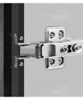 Premium Heavy Duty Soft Close Cabinet Hinges Featuring Quick Install Hydraulic Dampers For Full Cover Kitchen Cupboards And Bathroom Vanity Doors Rock Solid Construction, close-up view of hinge on cabinet.