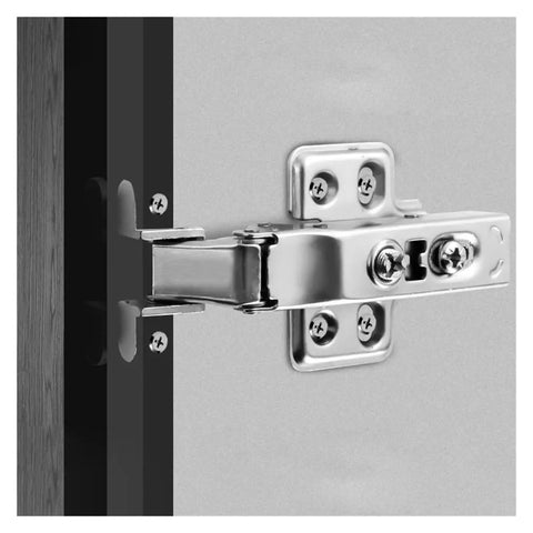 Premium Heavy Duty Soft Close Cabinet Hinges Featuring Quick Install Hydraulic Dampers For Full Cover Kitchen Cupboards And Bathroom Vanity Doors Rock Solid Construction, close-up view of hinge on cabinet.