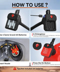 How to use the No Nonsense Portable Fuel Transfer Pump With Auto Stop and Quick Wand, showing battery installation and nozzle insertion.