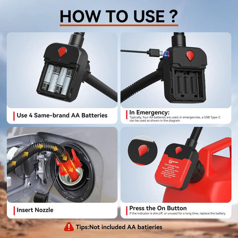 How to use the No Nonsense Portable Fuel Transfer Pump With Auto Stop and Quick Wand, showing battery installation and nozzle insertion.