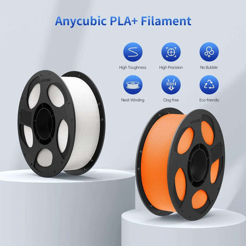 Two spools of Anycubic PLA+ Filament, showcasing high toughness and precision, next to icons illustrating key features.