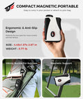 Golf Rangefinder With Slope, 1200-Yard Laser, 7X Magnification held in hand showing ergonomic design and magnetic strip attachment