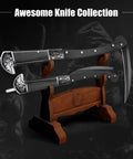 Two Section Folding Sickle Knife With Wooden Handle And Rose Patterned Silver Accents displayed on a wooden stand