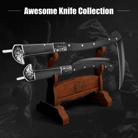 Two Section Folding Sickle Knife With Wooden Handle And Rose Patterned Silver Accents displayed on a wooden stand
