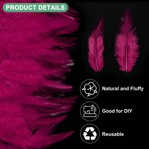 Bulk 300 Pack Saddle Hackle Rooster Feathers 3 To 6 Inches Natural Fluffy For Crafting Weddings Dream Catchers DIY Projects Decor Centerpieces Party Props Wine Red, showing detailed view with texture and size illustration.