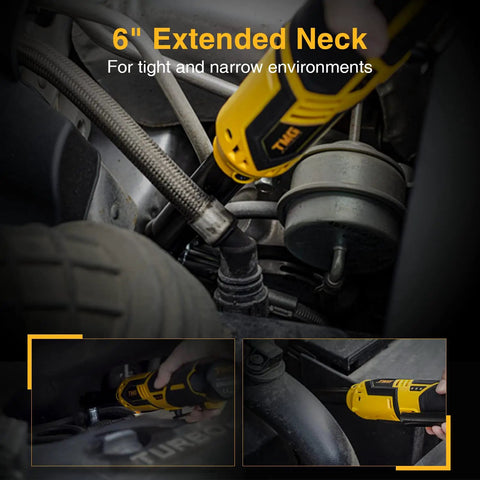 Workhorse Cordless Electric Ratchet Wrench 3/8 Inch, 40 Ft-Lbs Torque, 12V Long Reach Kit in use with 6-inch extended neck