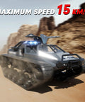 One Twelfth Scale RC Tank Beast With Fifteen Km Per Hour Top Speed in desert terrain, showcasing speed and durability.