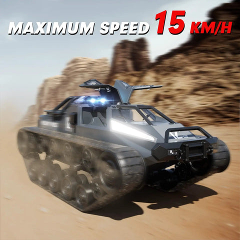 One Twelfth Scale RC Tank Beast With Fifteen Km Per Hour Top Speed in desert terrain, showcasing speed and durability.