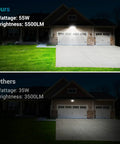 Comparison showing Super Bright Outdoor LED Flood Light 55W 5500LM illuminating garage, contrasting a dimmer 35W light.