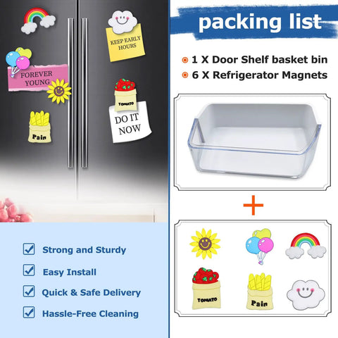 Packing list with Right Side Refrigerator Door Shelf Basket Bin Replacement For RF260 RF261 RF263 Beaesr With 6 Magnets and designs.
