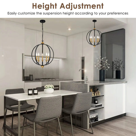 Five Light Farmhouse Pendant Lantern Chandelier In Black With Adjustable Height Chain in modern kitchen setting.