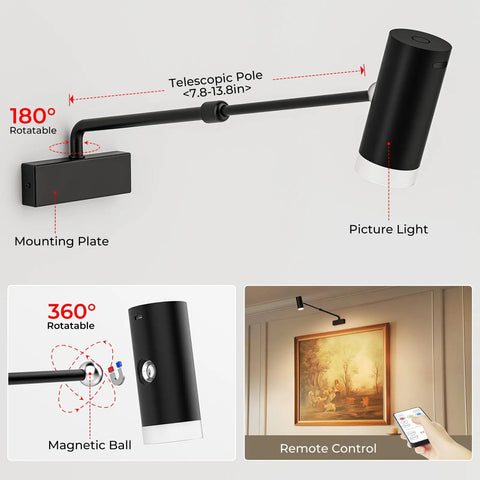 Battery Operated Picture Light With Telescoping Arm, Adjustable 7.8 To 13.8 Inches, Silver Finish, shown mounted over artwork