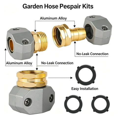 Premium Garden Hose Repair Kit With Extra Aluminum Connectors And Stainless Steel Clamps For 3/4 And 5/8 Inch Water Hoses That Stop Leaks Fast And Keep Your Outdoor Setup Running Smooth All Summer Long Without Breaking The Bank Or Dealing With Flimsy. garden hose repair kit with aluminum alloy connectors and no-leak rings